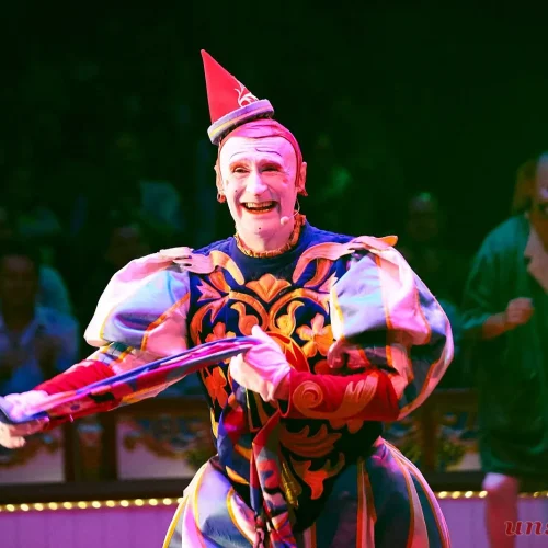 Ein Clown in einem farbenfrohen, gemusterten Kostüm und einem kegelförmigen Hut tritt fröhlich unter grellen Lichtern auf. Hinter dem Clown schaut ein Publikum aufmerksam zu, und eine weitere Person im Kostüm ist teilweise sichtbar. Die Atmosphäre ist lebhaft und verspielt.